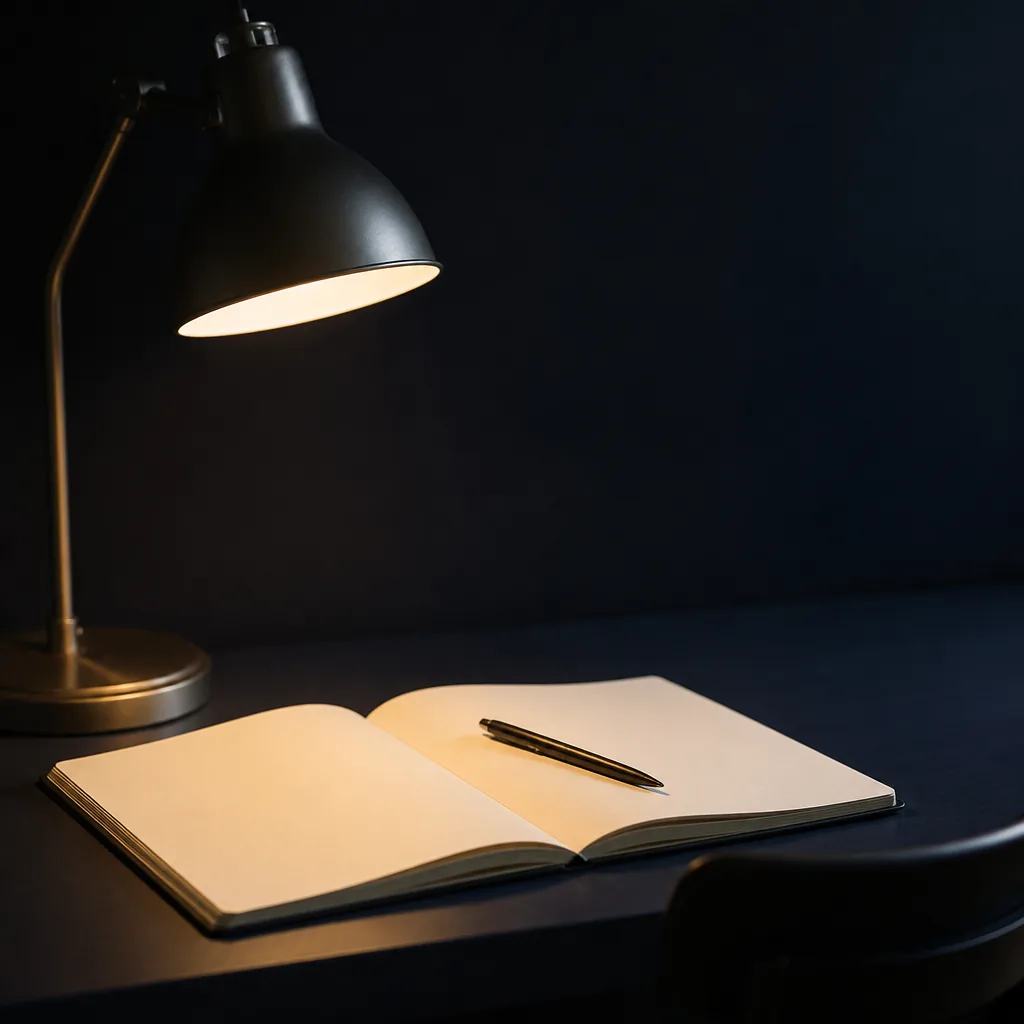 Lámpara de escritorio sobre un cuaderno abierto en tono azul