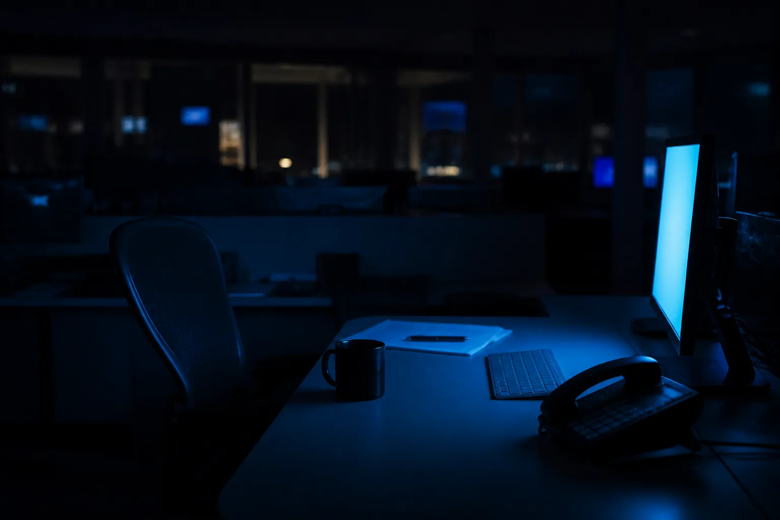 Redacción gaming iluminada por una pantalla azul de noche